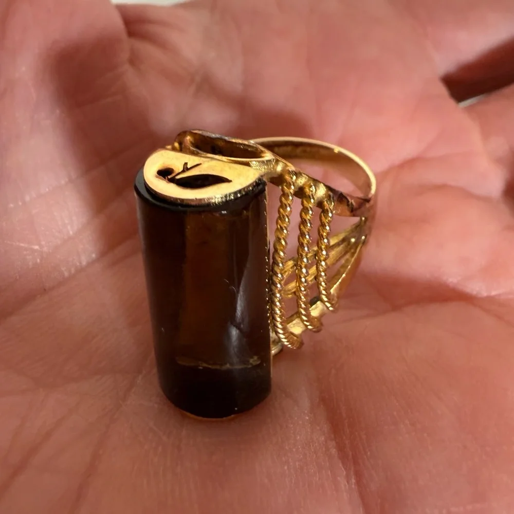 Vintage art deco Smoky Quartz cabochon gold plated oversized cocktail Ring